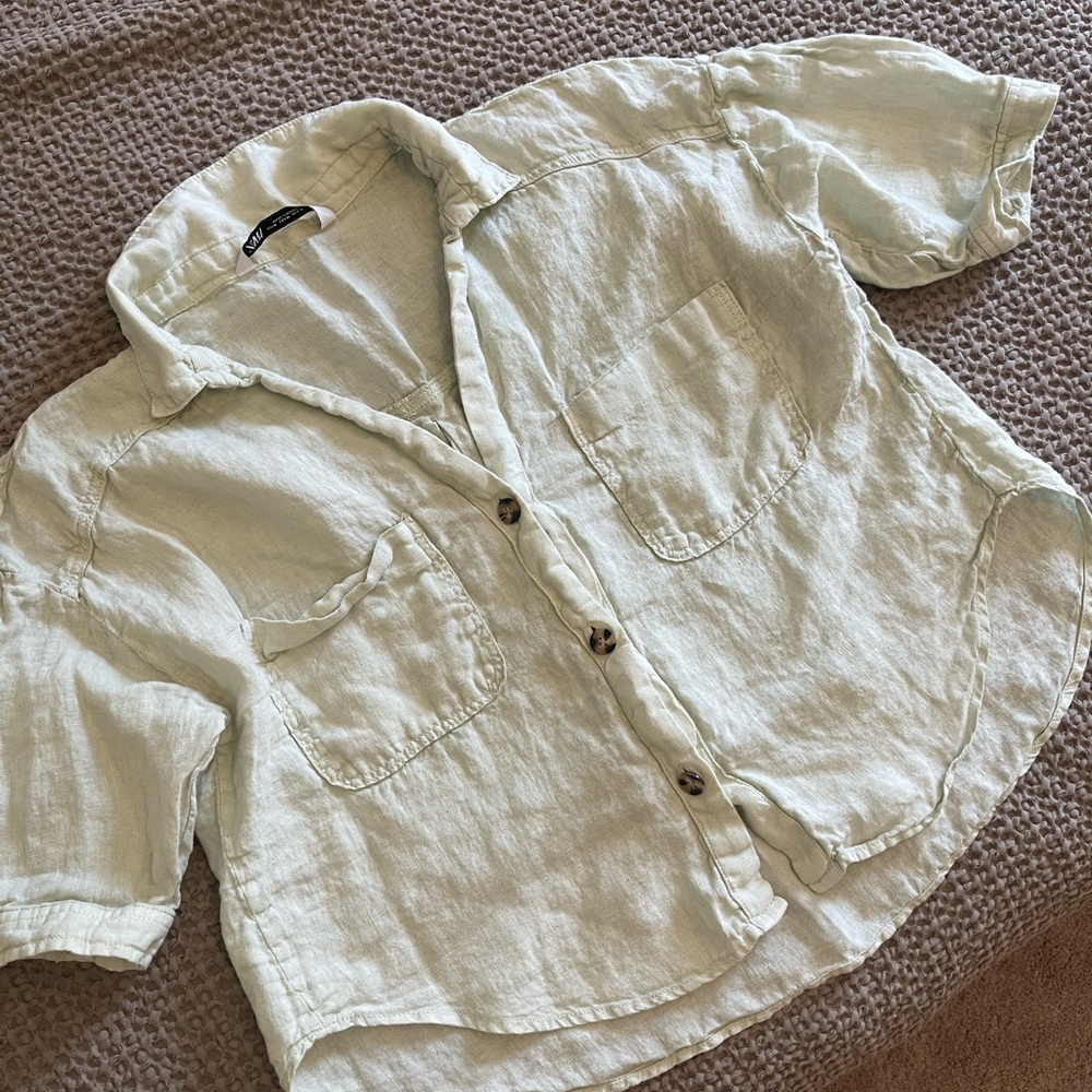 Zara Cropped Oversized Linen Button-Down Shirt
